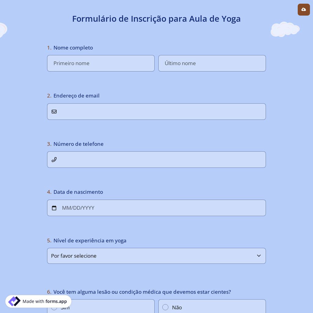 Formulário de Inscrição para Aula de Yoga