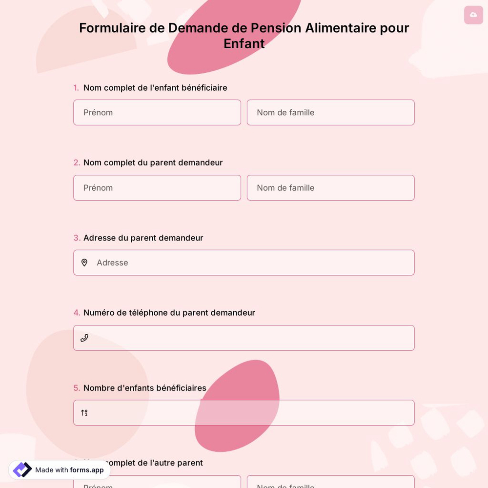 Formulaire de Demande de Pension Alimentaire pour Enfant