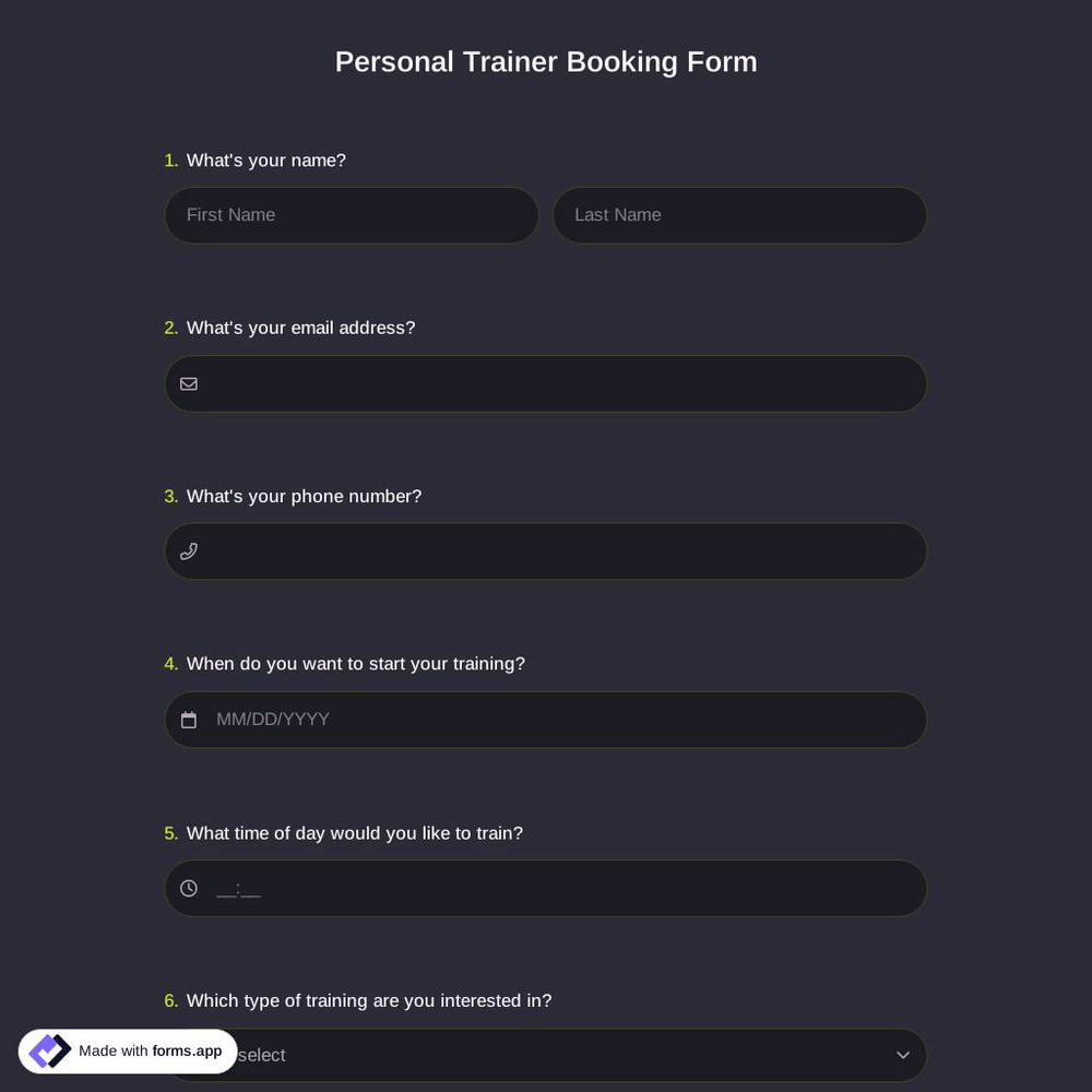 Personal Trainer Booking Form