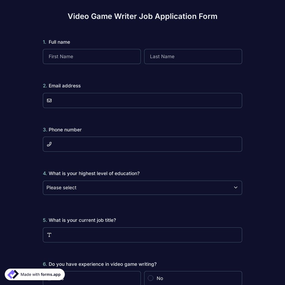 Video Game Writer Job Application Form