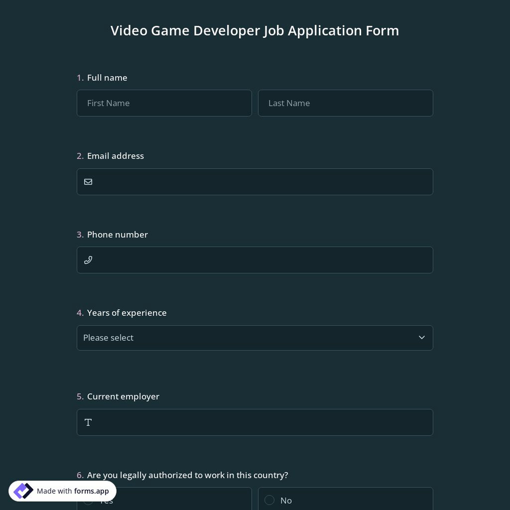Video Game Developer Job Application Form
