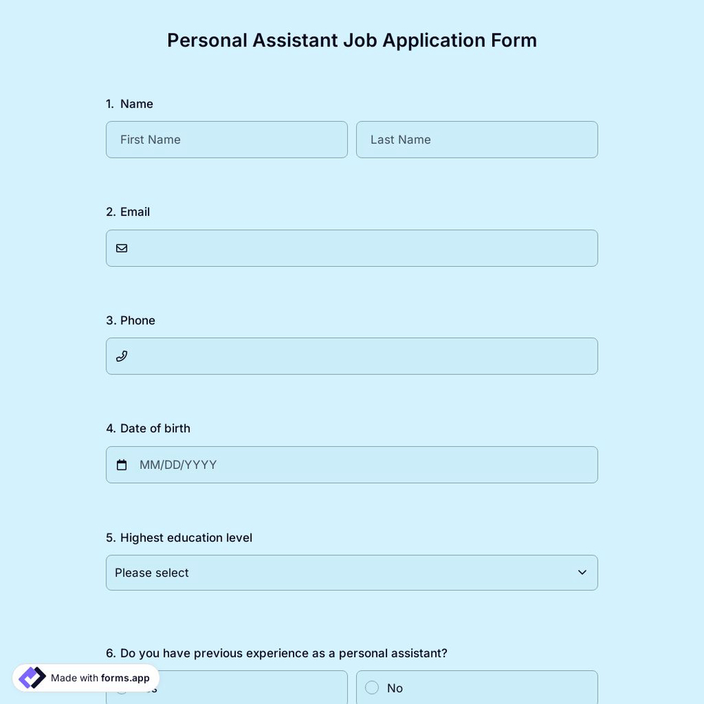 Personal Assistant Job Application Form