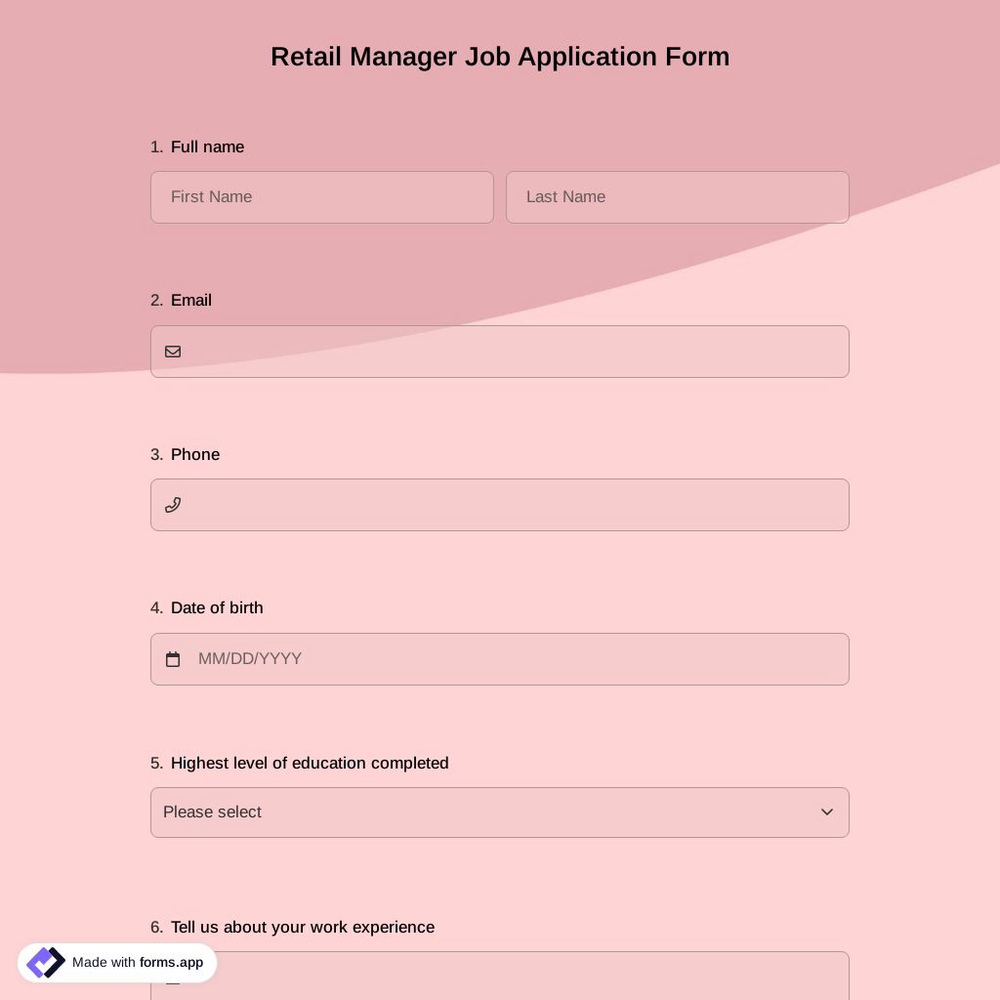 Retail Manager Job Application Form