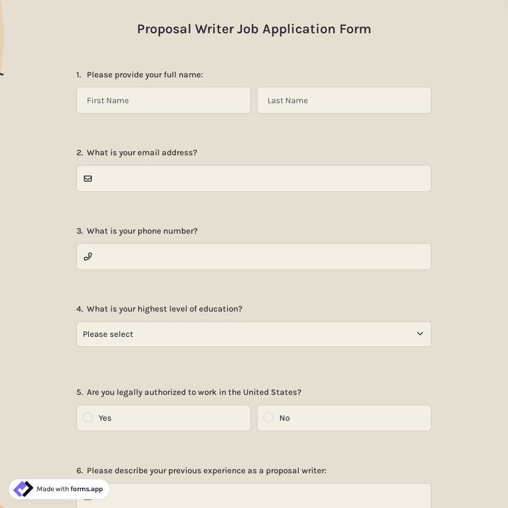Proposal Writer Job Application Form