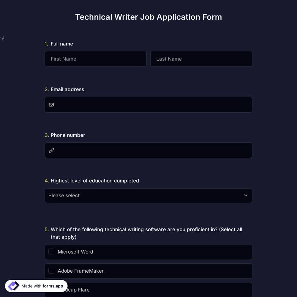 Technical Writer Job Application Form