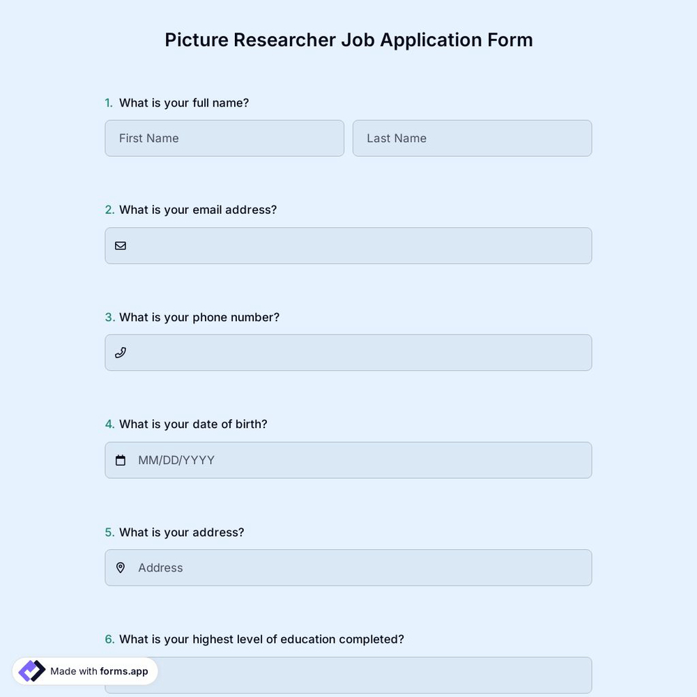 Picture Researcher Job Application Form