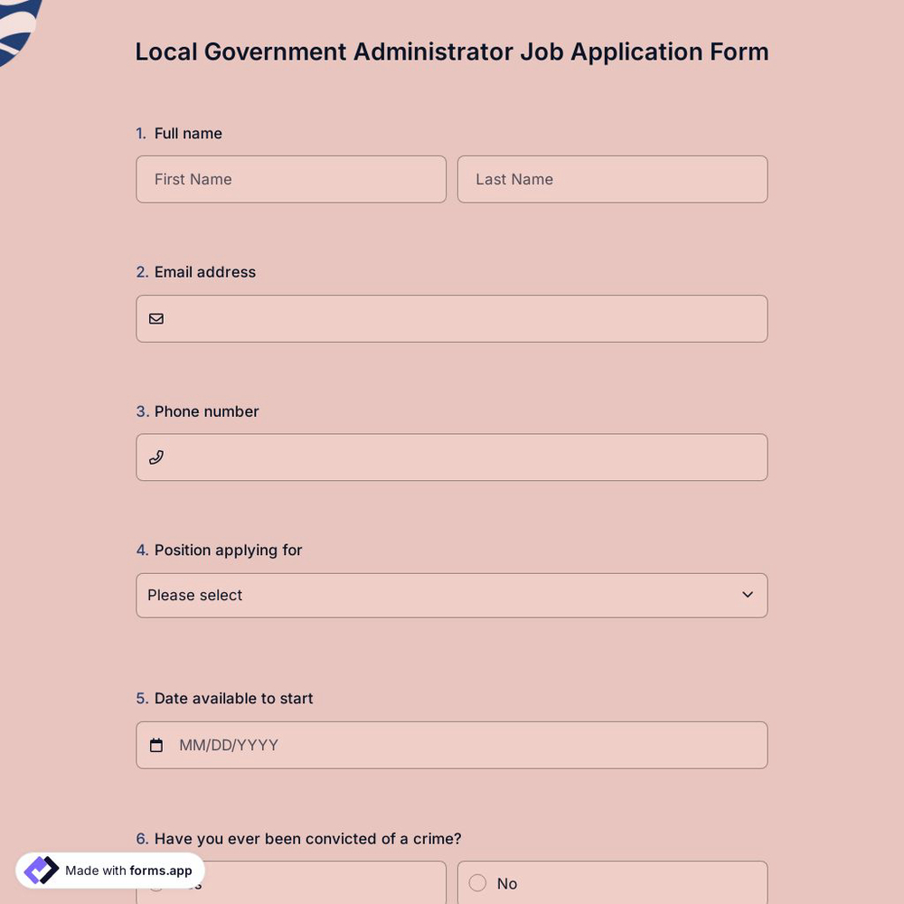 Local Government Administrator Job Application Form