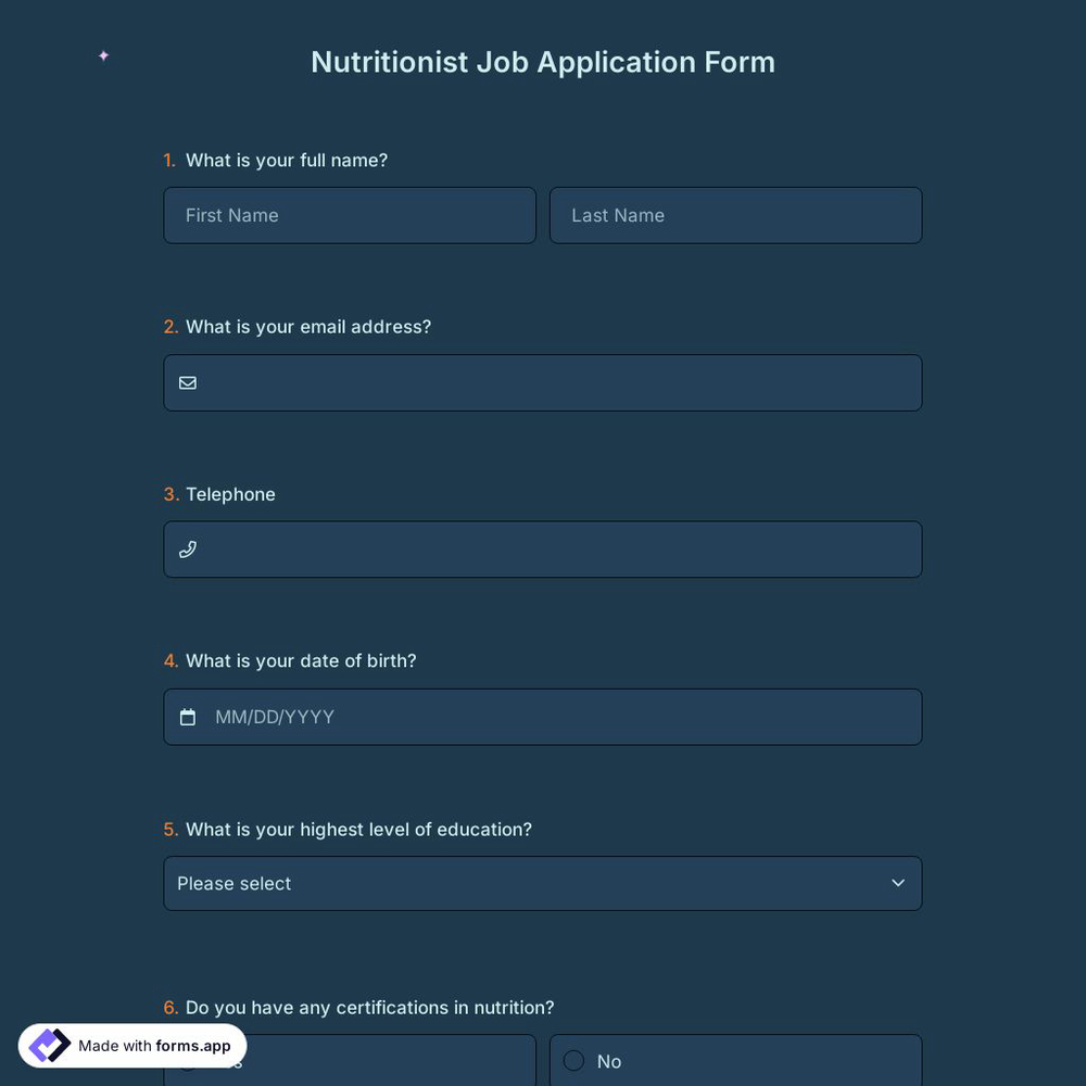 Nutritionist Job Application Form