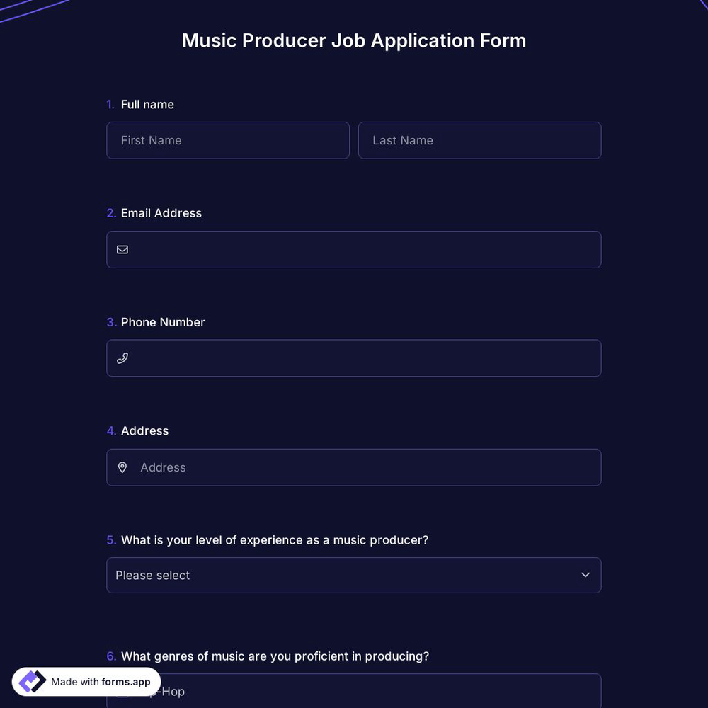 Music Producer Job Application Form