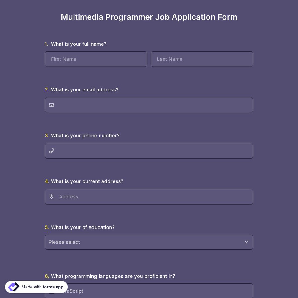 Multimedia Programmer Job Application Form