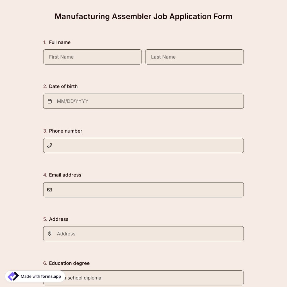 Manufacturing Assembler Job Application Form