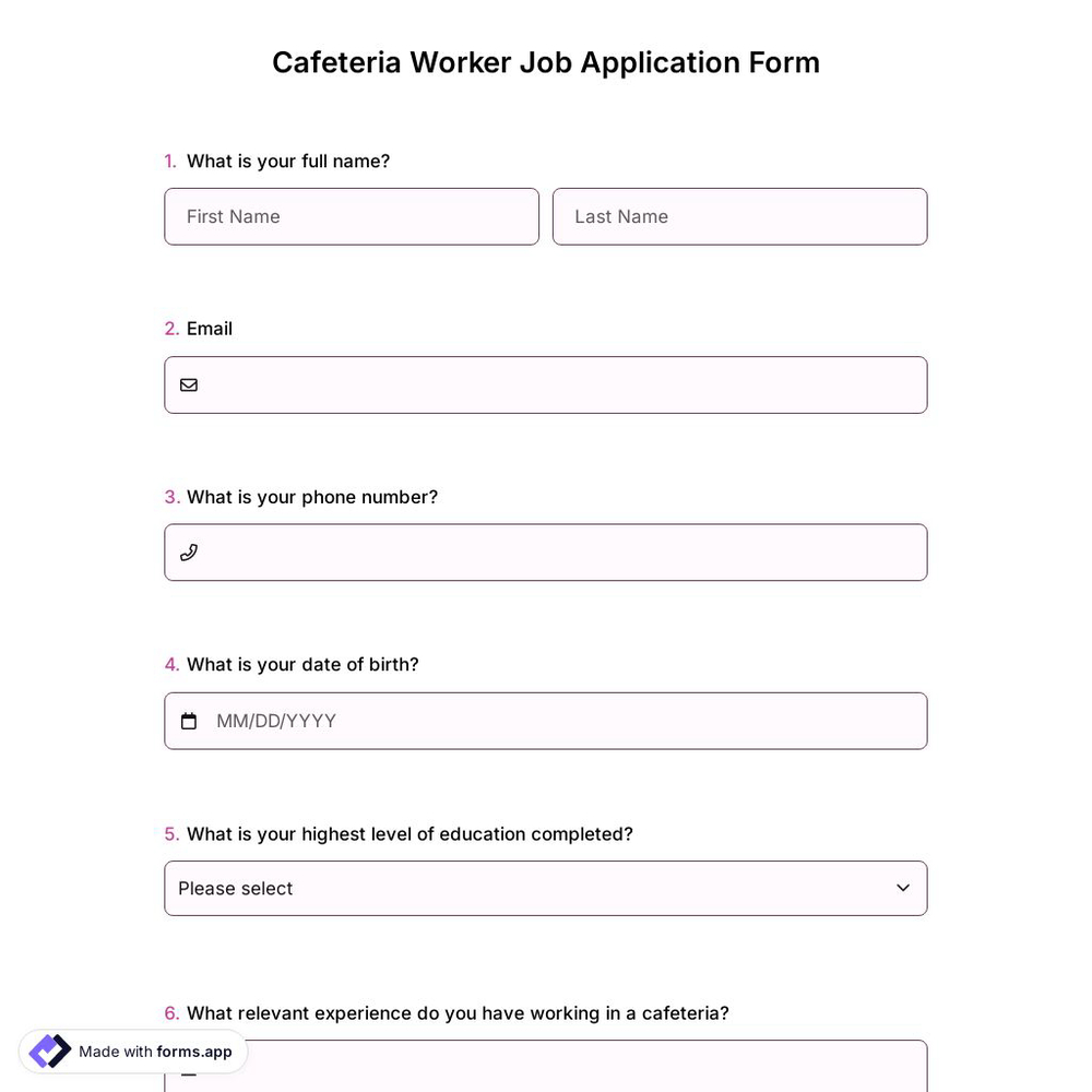 Cafeteria Worker Job Application Form