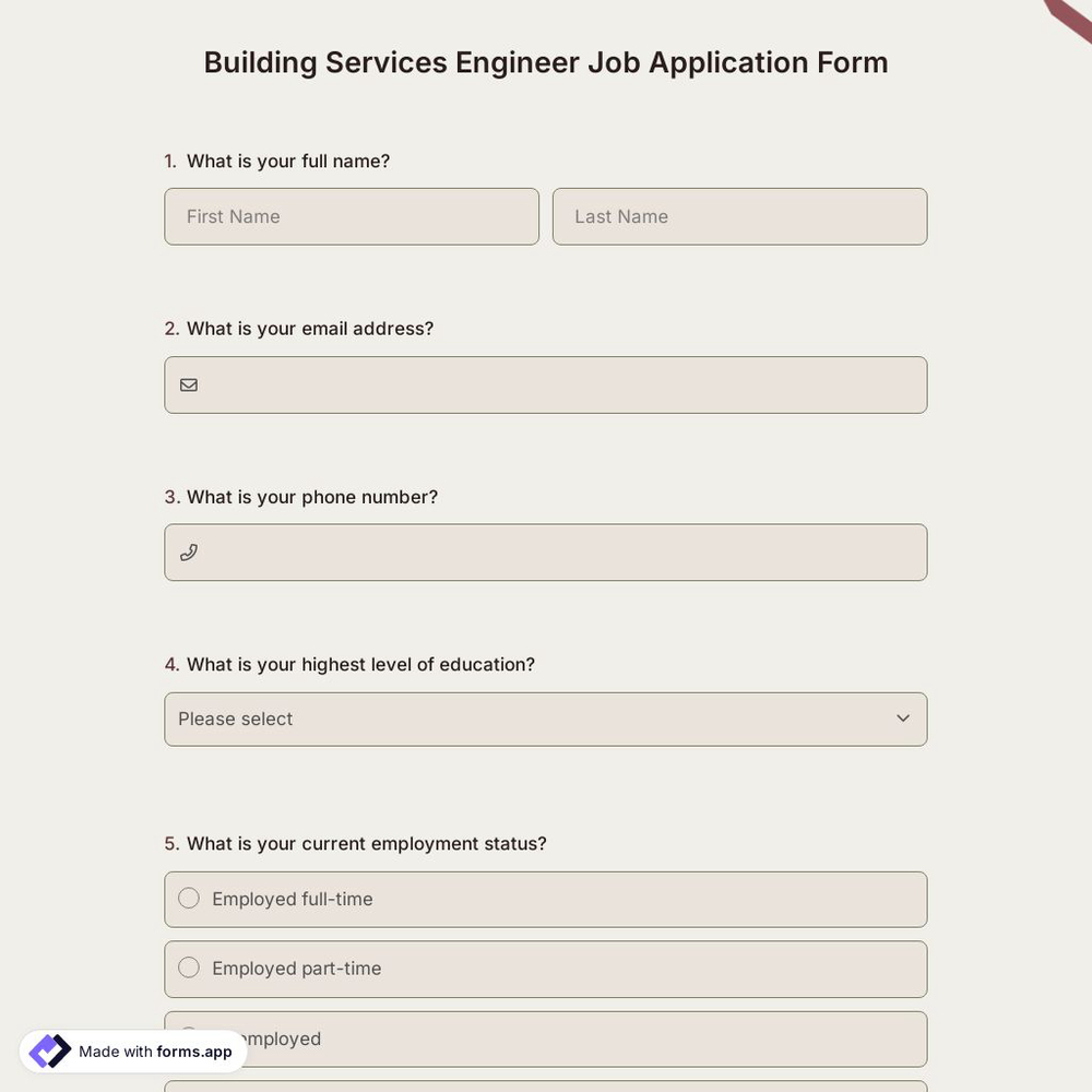 Building Services Engineer Job Application Form