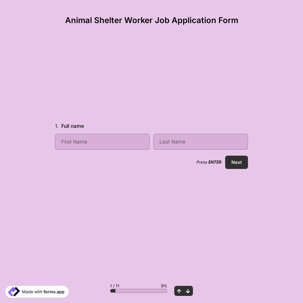 Animal Shelter Worker Job Application Form