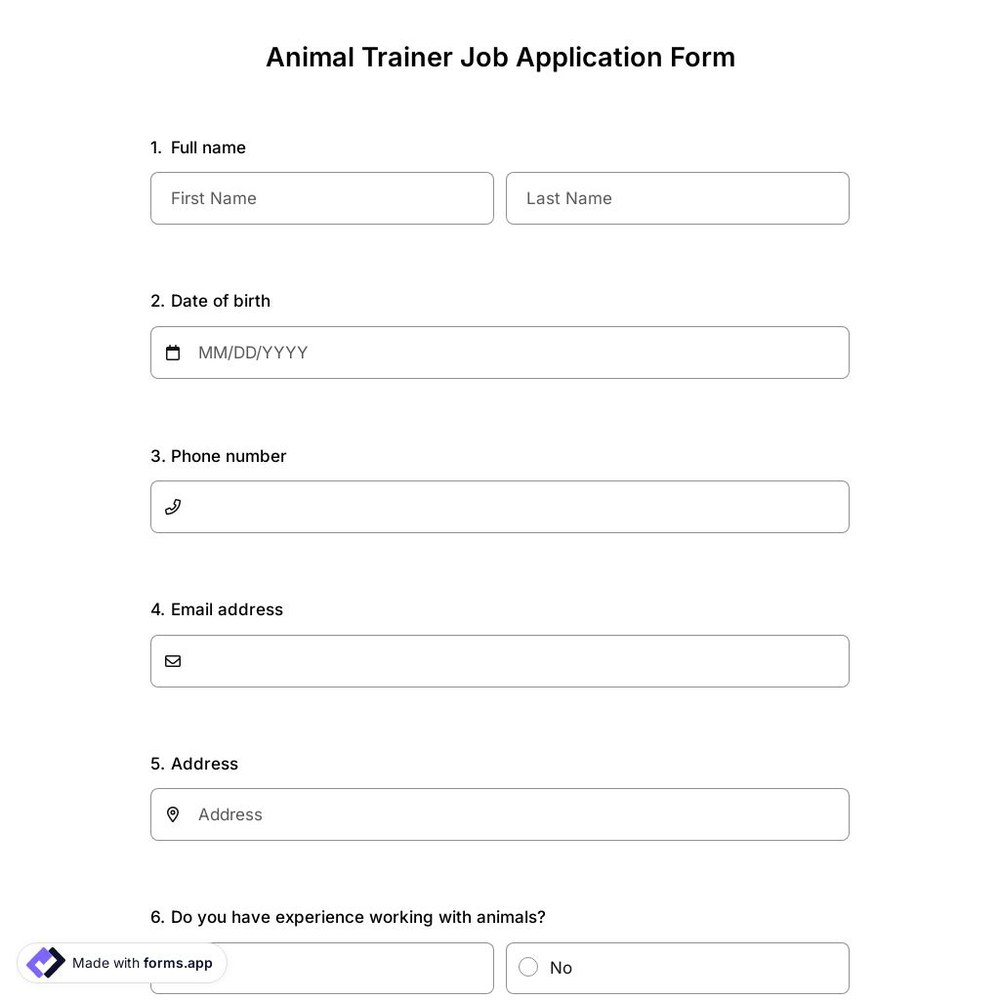 Animal Trainer Job Application Form