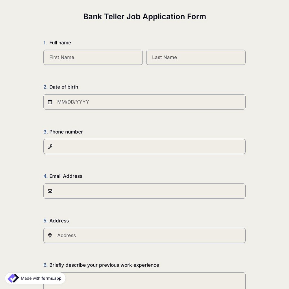 Bank Teller Job Application Form
