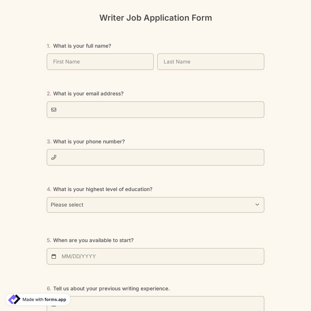 Writer Job Application Form
