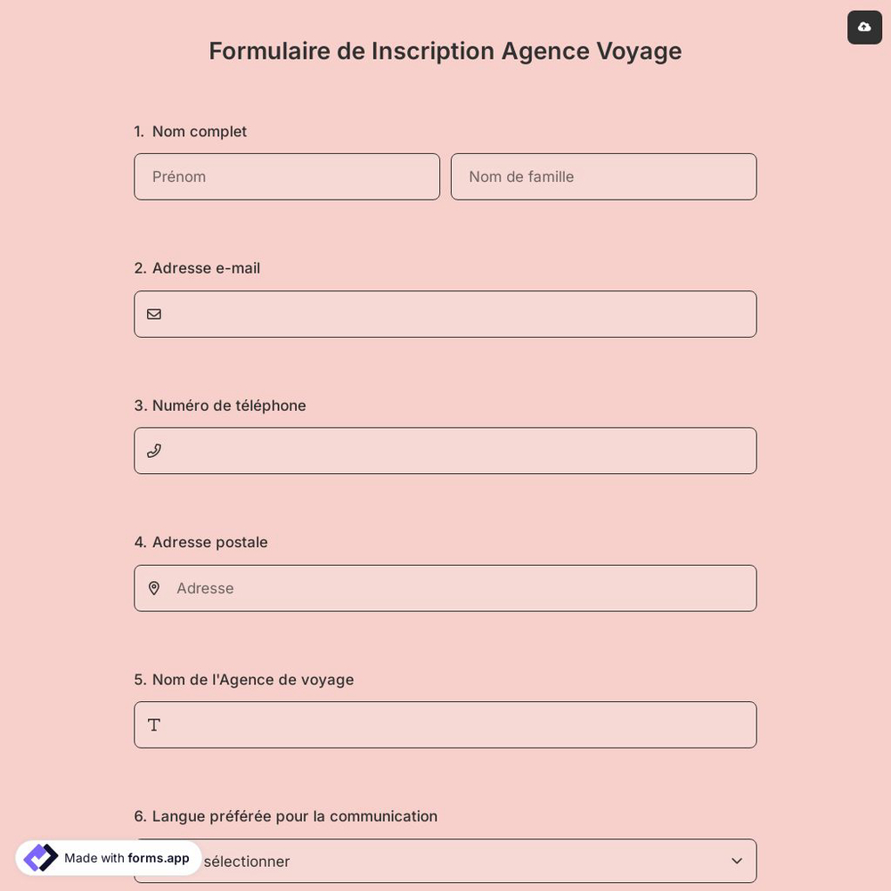 Formulaire de Inscription Agence Voyage