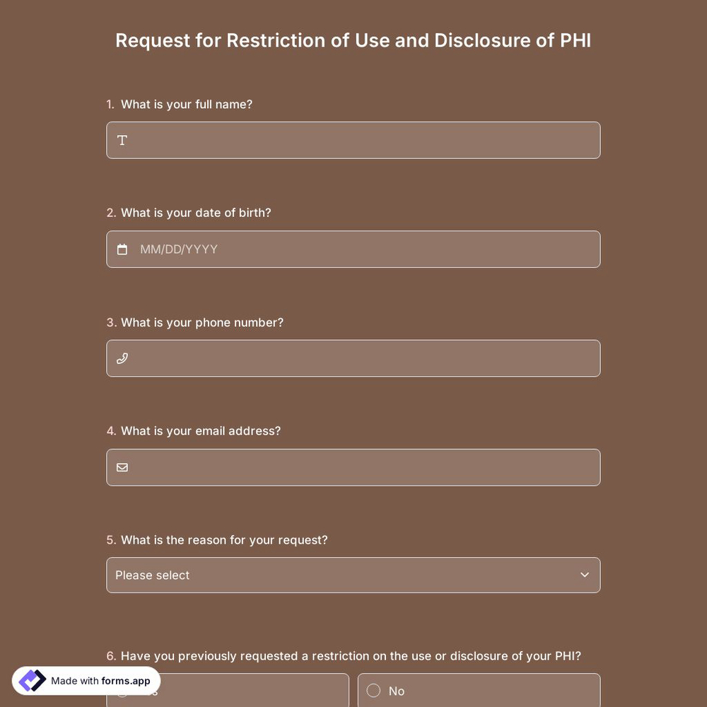 Request for Restriction of Use and Disclosure of PHI