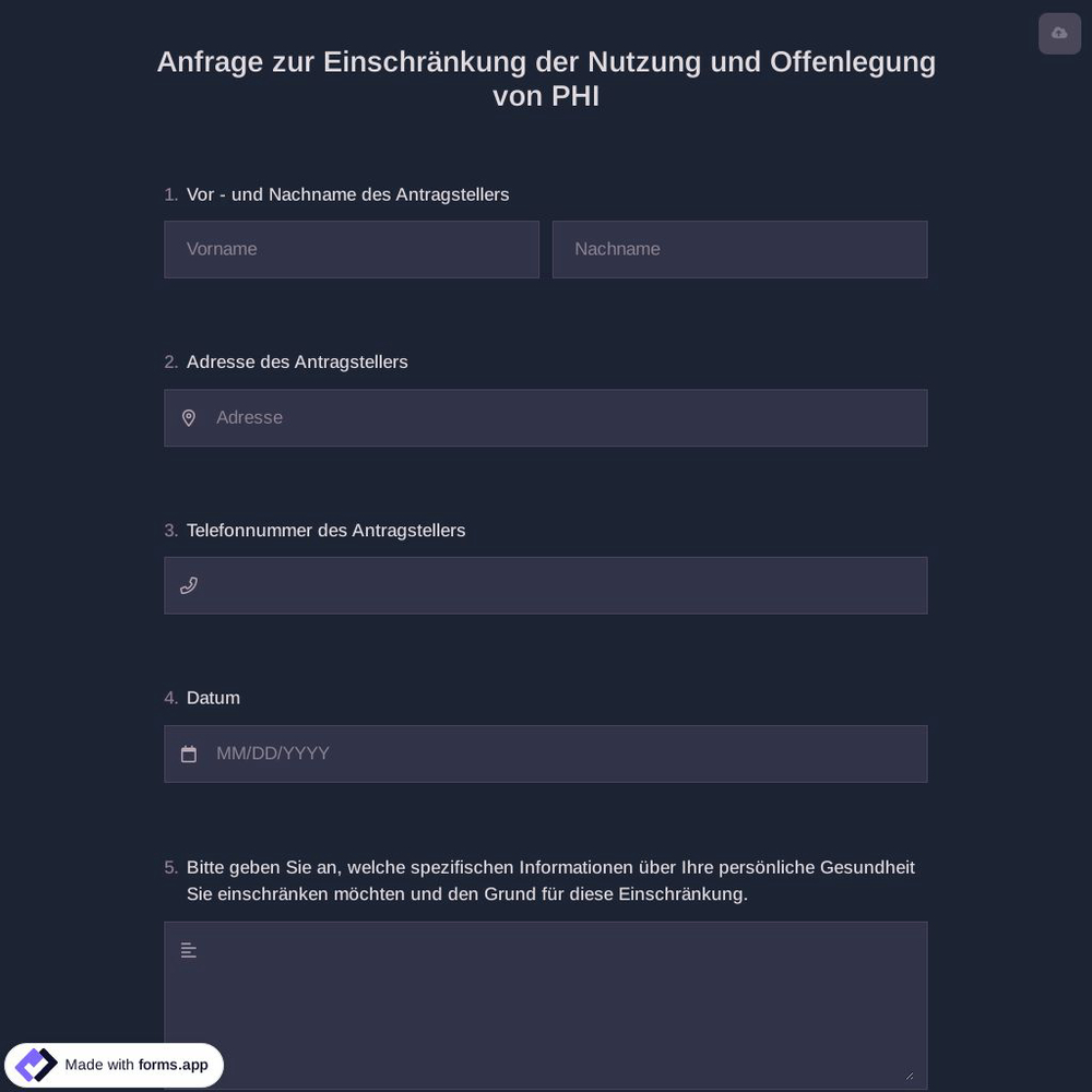 Anfrage zur Einschränkung der Nutzung und Offenlegung von PHI