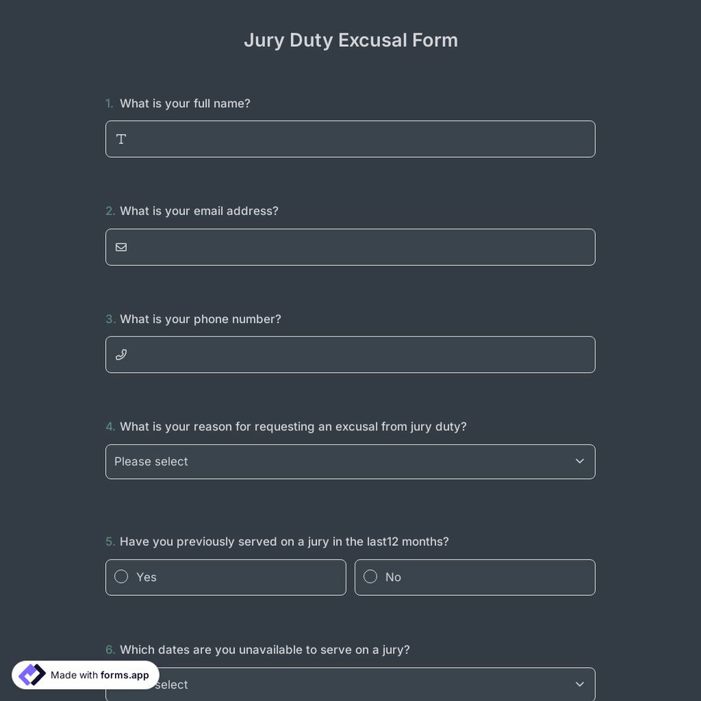 Jury Duty Excusal Form