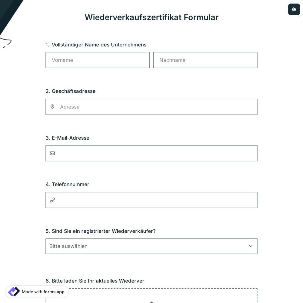 Wiederverkaufszertifikat Formular