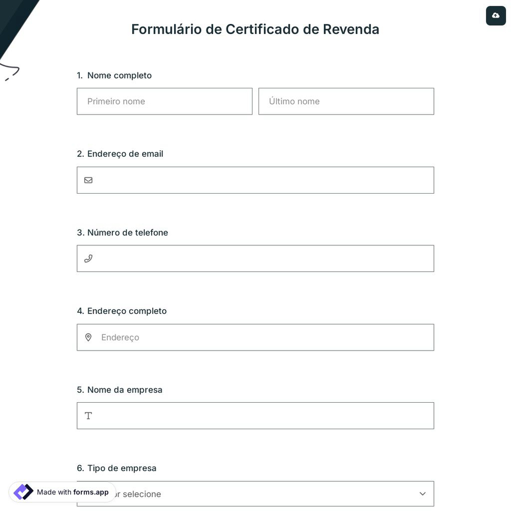 Formulário de Certificado de Revenda
