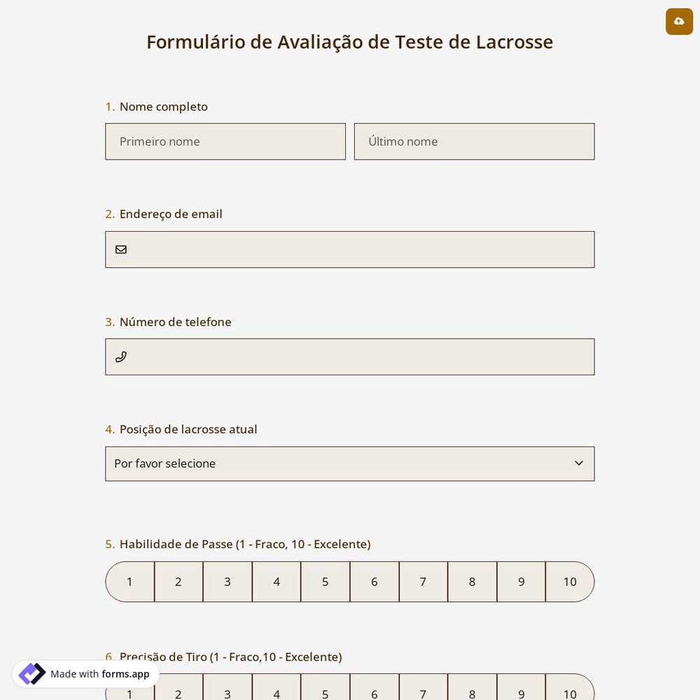 Formulário de Avaliação de Teste de Lacrosse