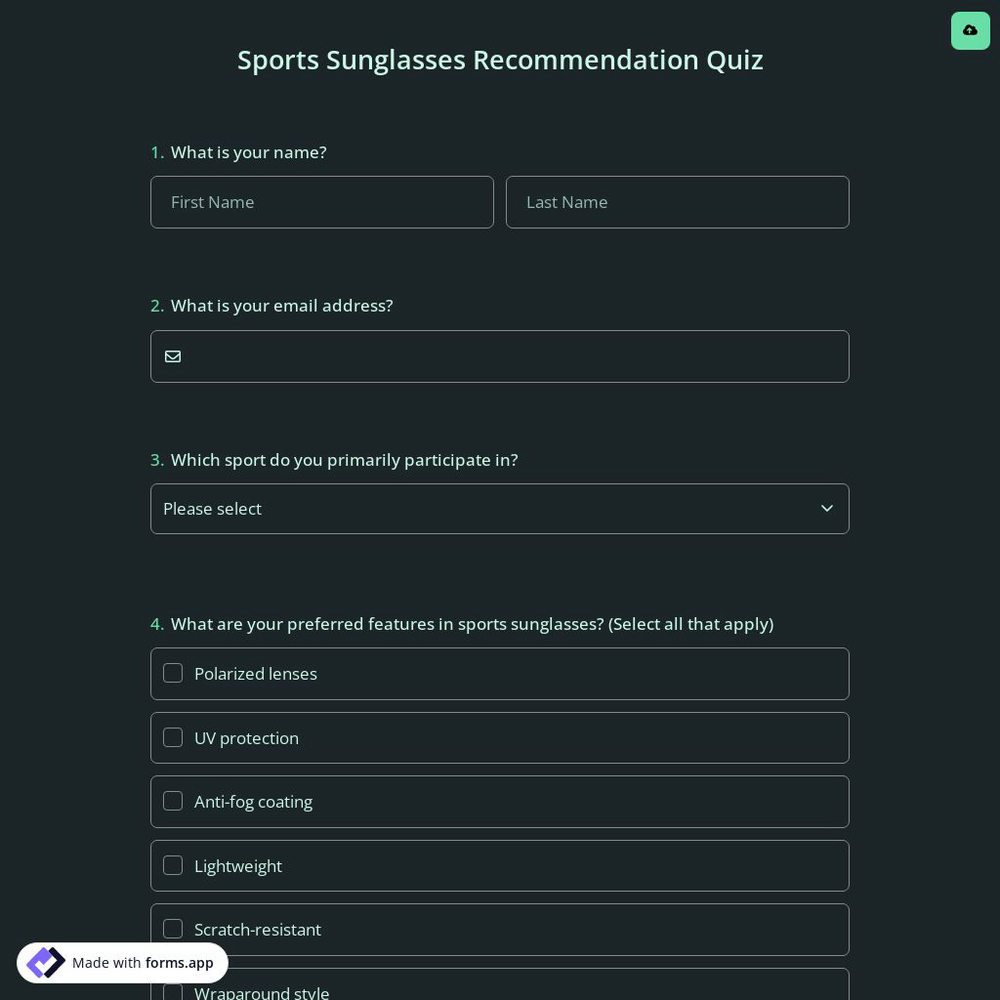 Sports Sunglasses Recommendation Quiz