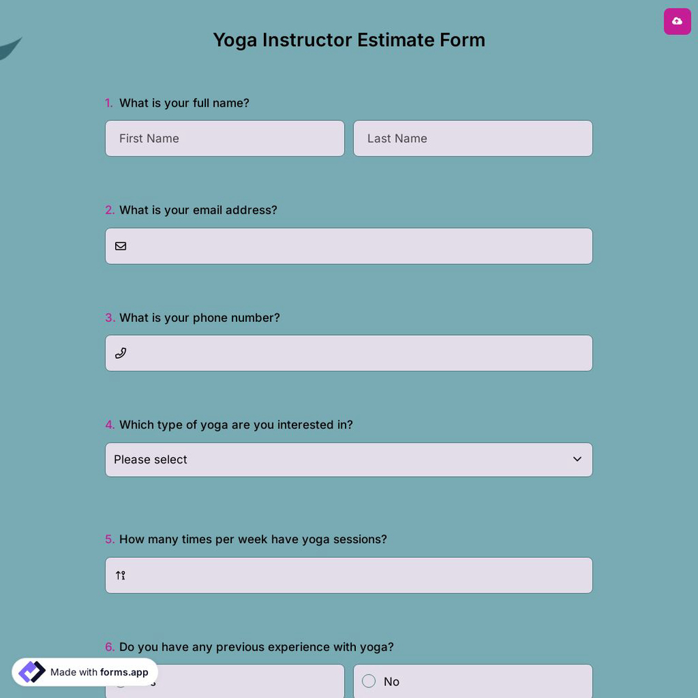 Yoga Instructor Estimate Form