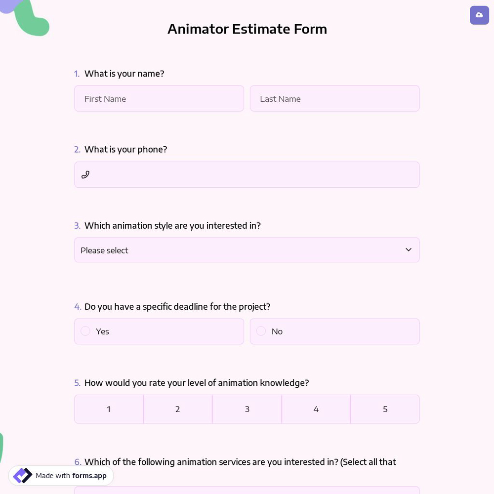 Animator Estimate Form