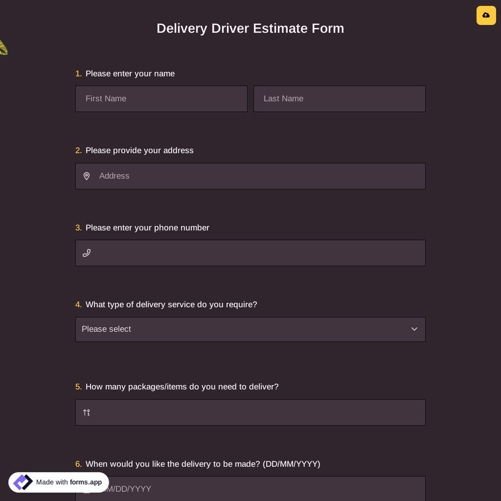 Delivery Driver Estimate Form