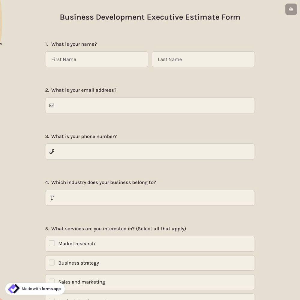 Business Development Executive Estimate Form