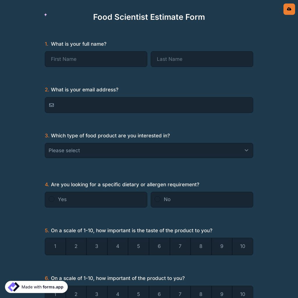 Food Scientist Estimate Form