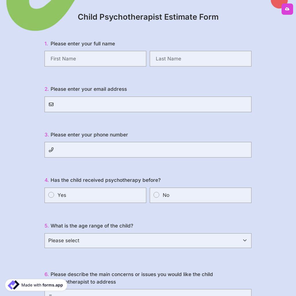 Child Psychotherapist Estimate Form
