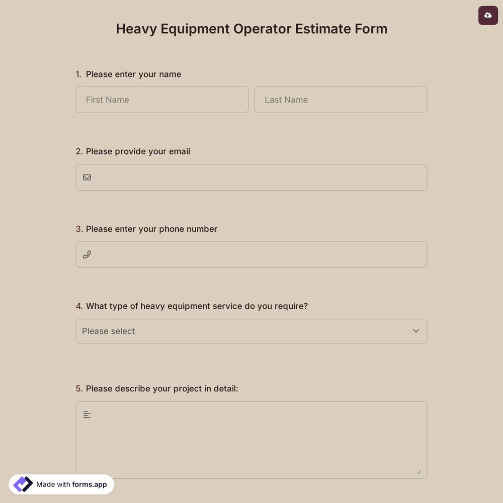 Heavy Equipment Operator Estimate Form