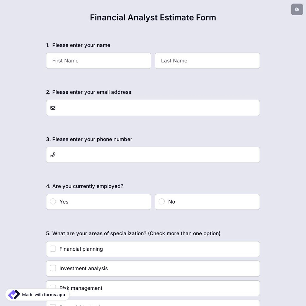 Financial Analyst Estimate Form