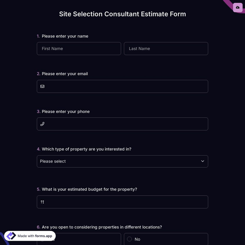 Site Selection Consultant Estimate Form