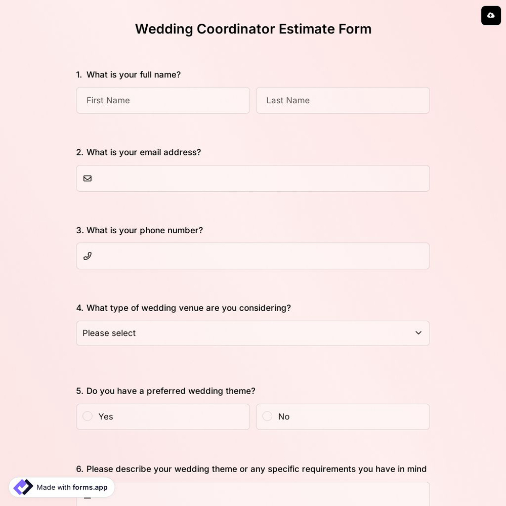 Wedding Coordinator Estimate Form