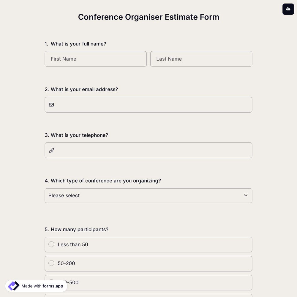 Conference Organiser Estimate Form