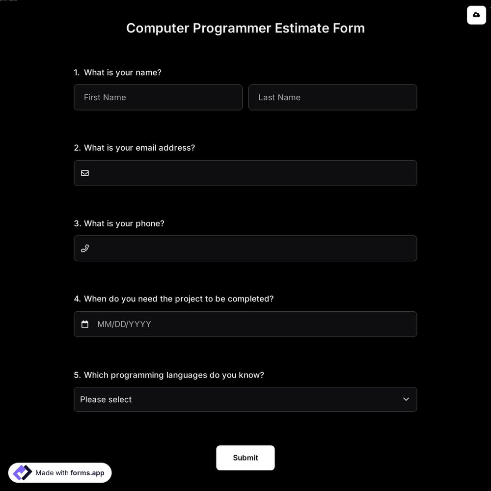 Computer Programmer Estimate Form