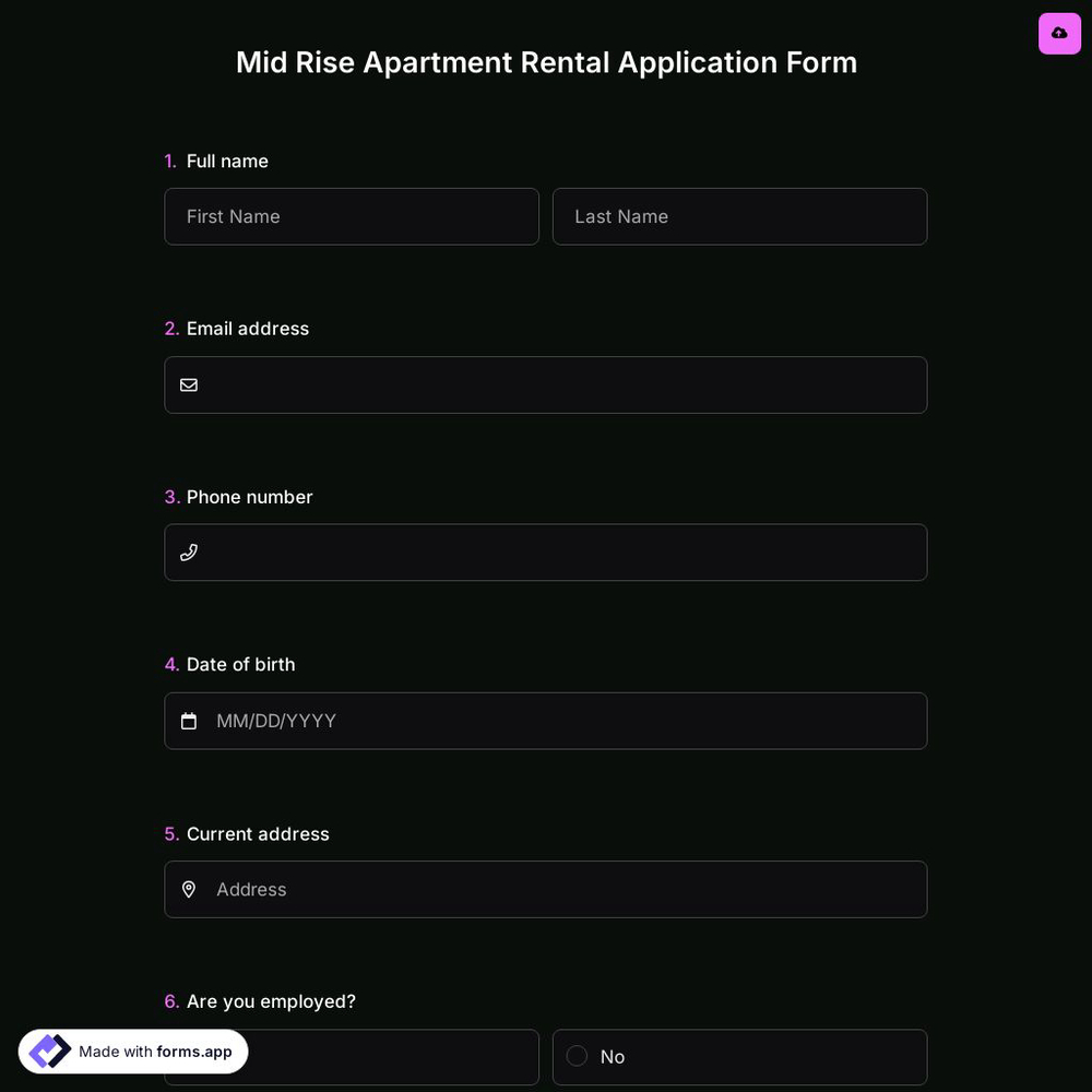 Mid-Rise Apartment Rental Application Form