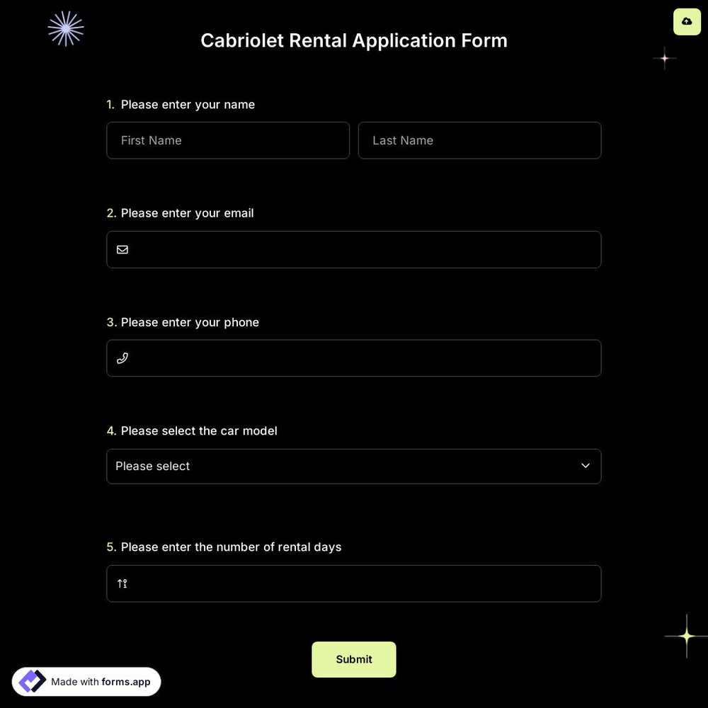 Cabriolet Rental Application Form