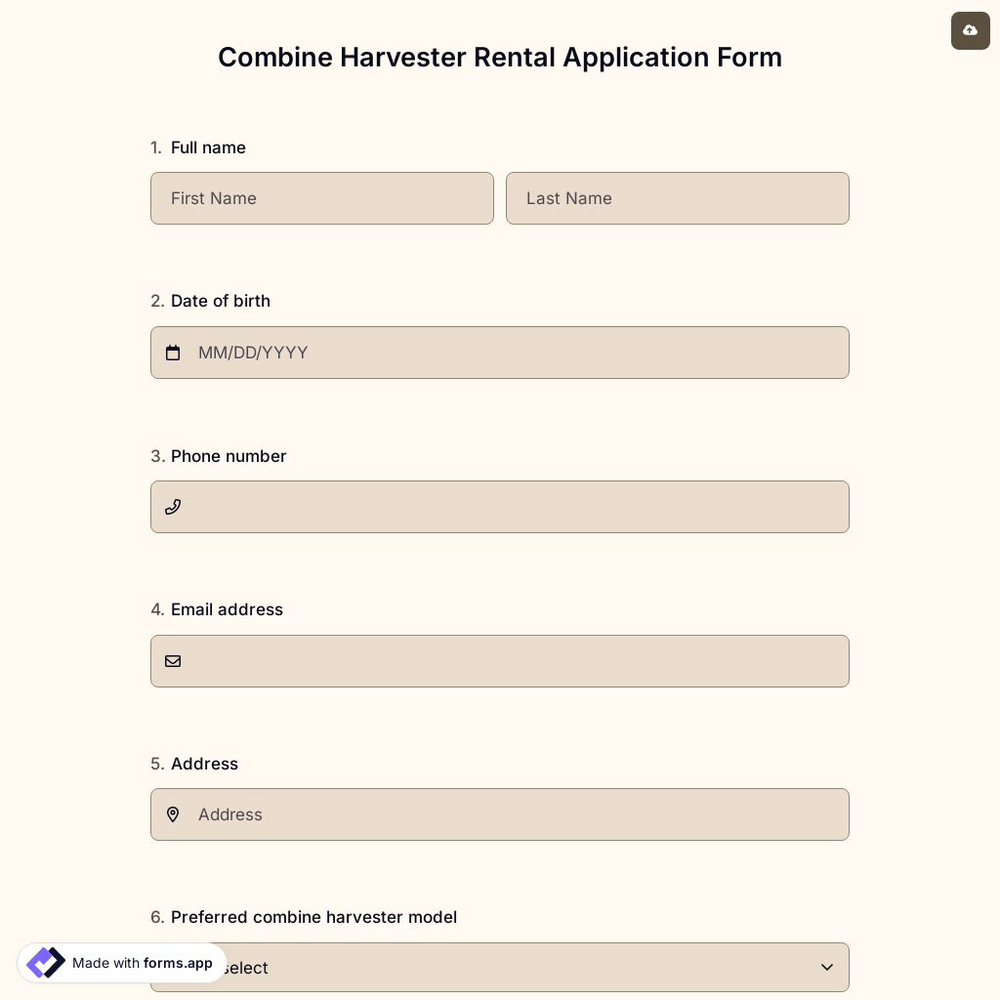 Combine Harvester Rental Application Form
