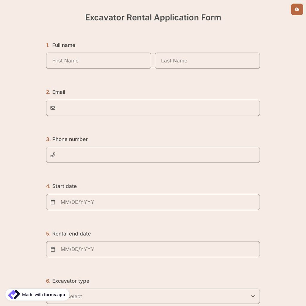 Excavator Rental Application Form