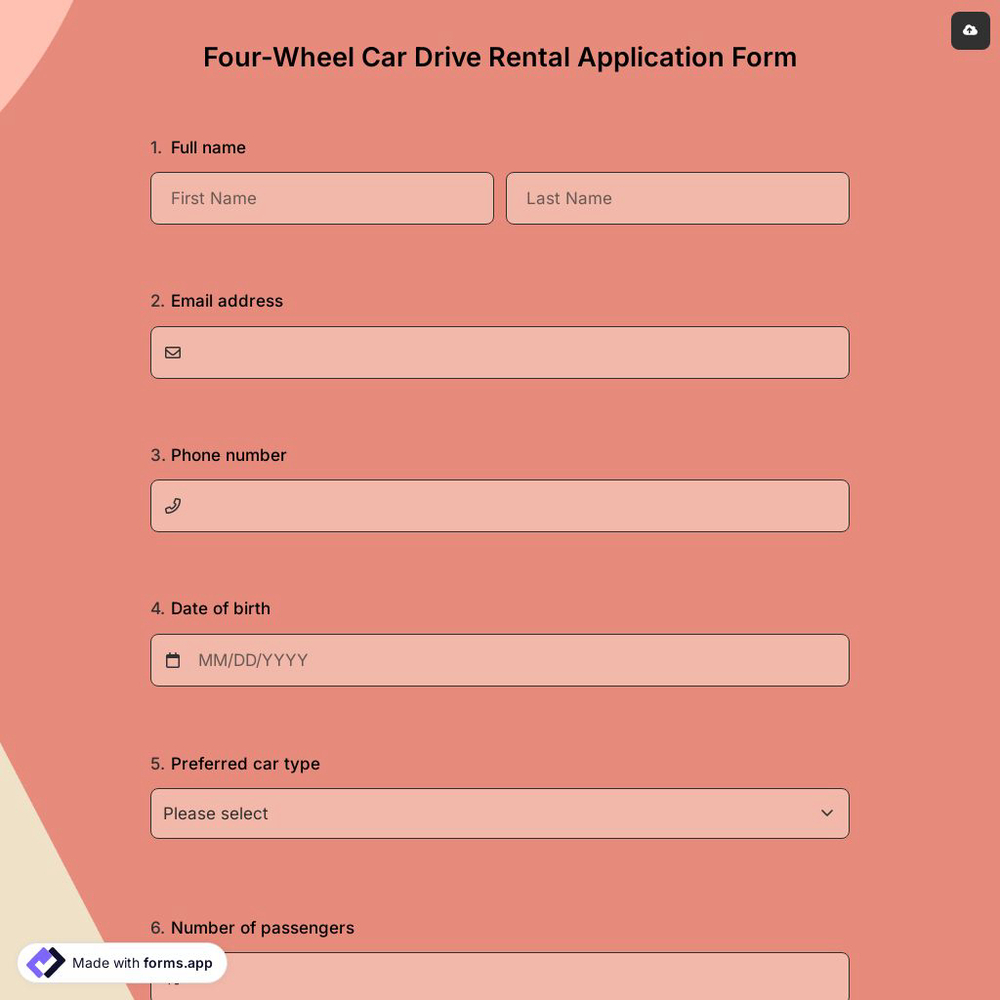 Four-Wheel Drive Car Rental Application Form
