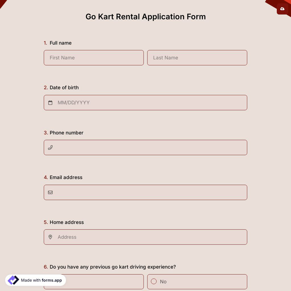 Go Kart Rental Application Form
