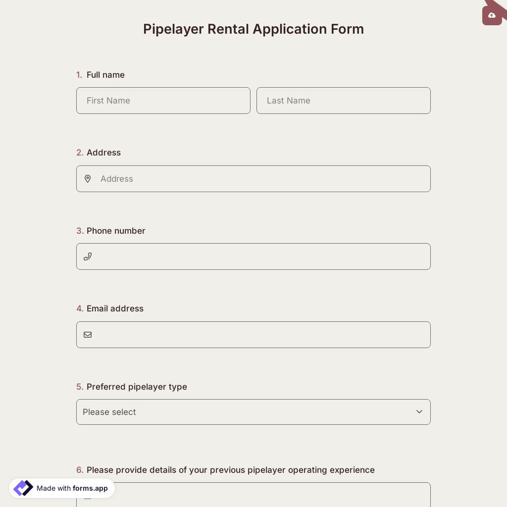 Pipelayer Rental Application Form