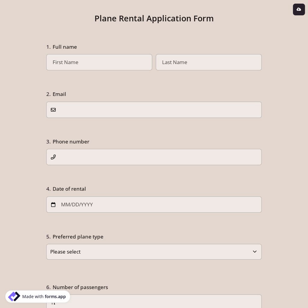 Plane Rental Application Form