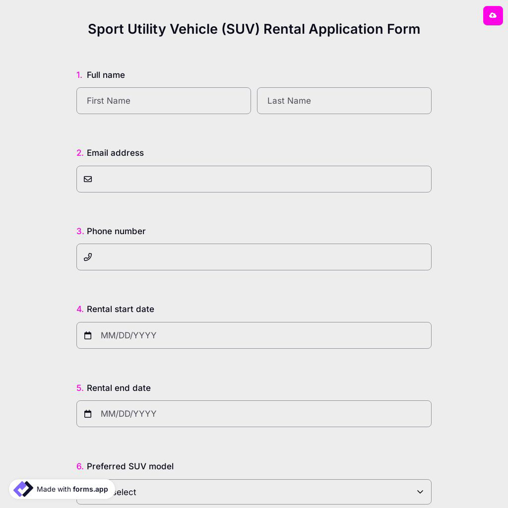 Sport Utility Vehicle (SUV) Rental Application Form
